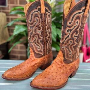 Vintage Nocona Men's Exotic Western Boot Cognac Full Quill Ostrich